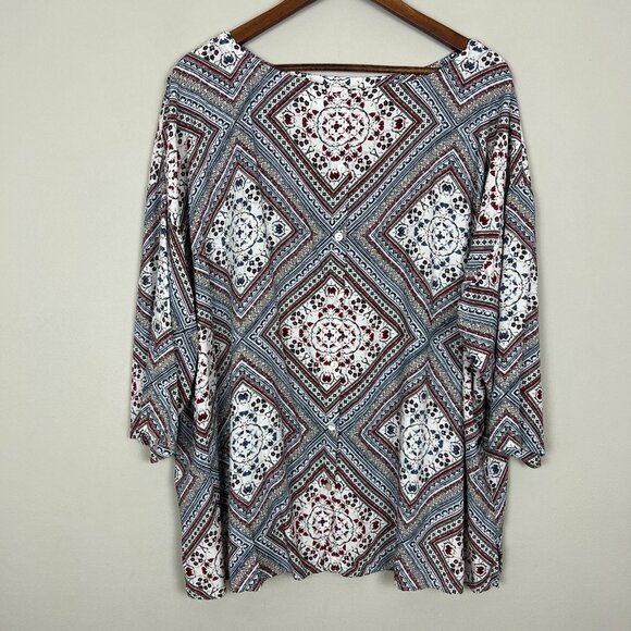 J Jill Blouse Top Womens 3X Red Blue Floral 3/4 Sleeve Button Back Slit High Low - Picture 5 of 9